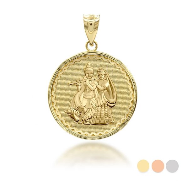 10k Solid Gold Radha Krishna Hindu Pendant- Yellow, Rose, or White